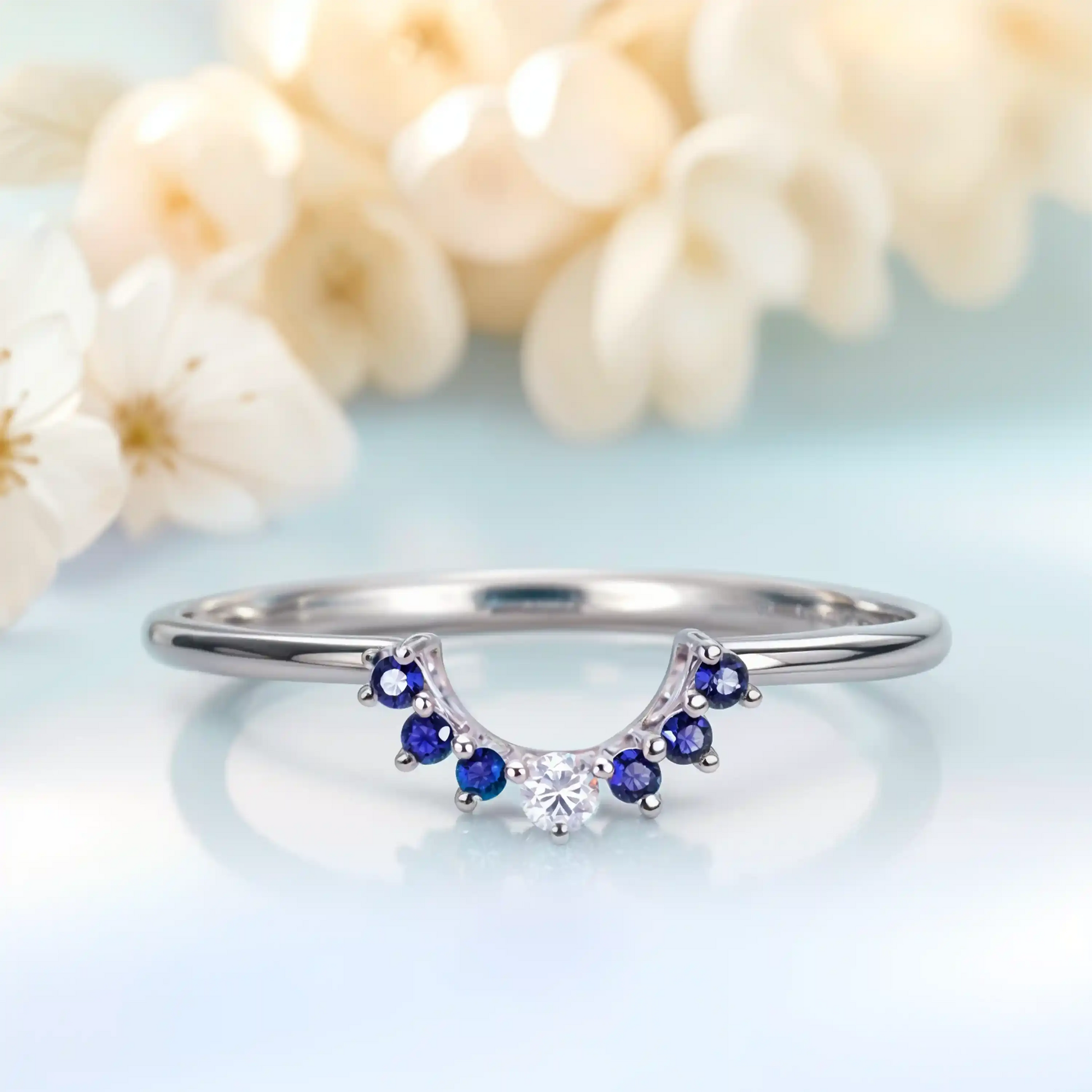 Blue Cubic Zirconia engagement ring made plated with white gold