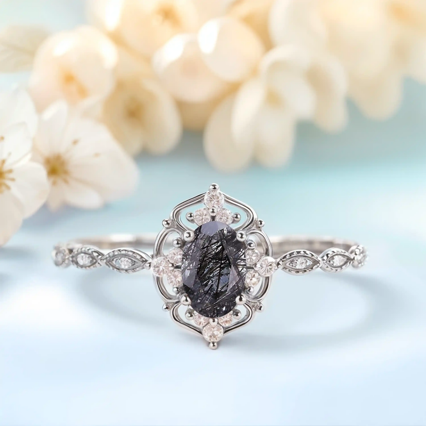 Black Rutilated Quartz & White Zircon engagement ring plated with white gold