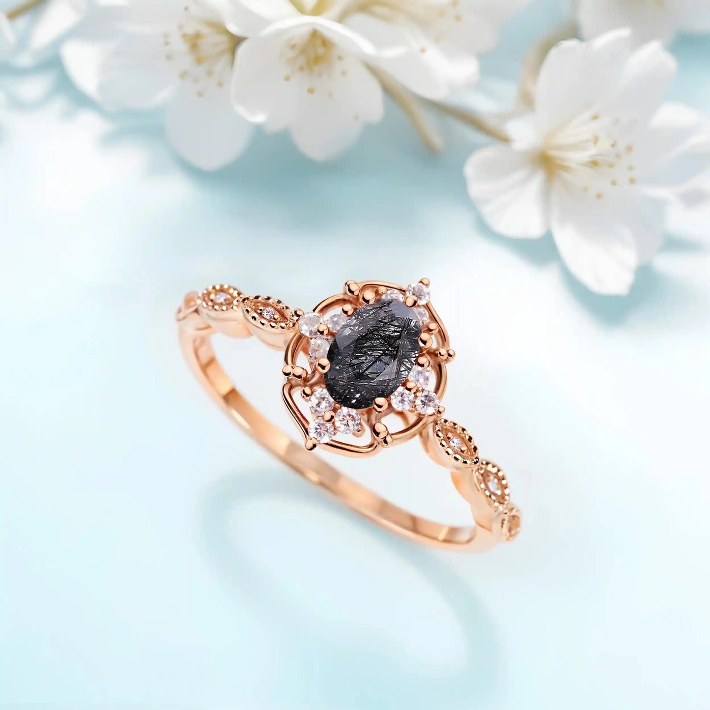 Black Rutilated Quartz & White Zircon engagement ring plated with yellow gold