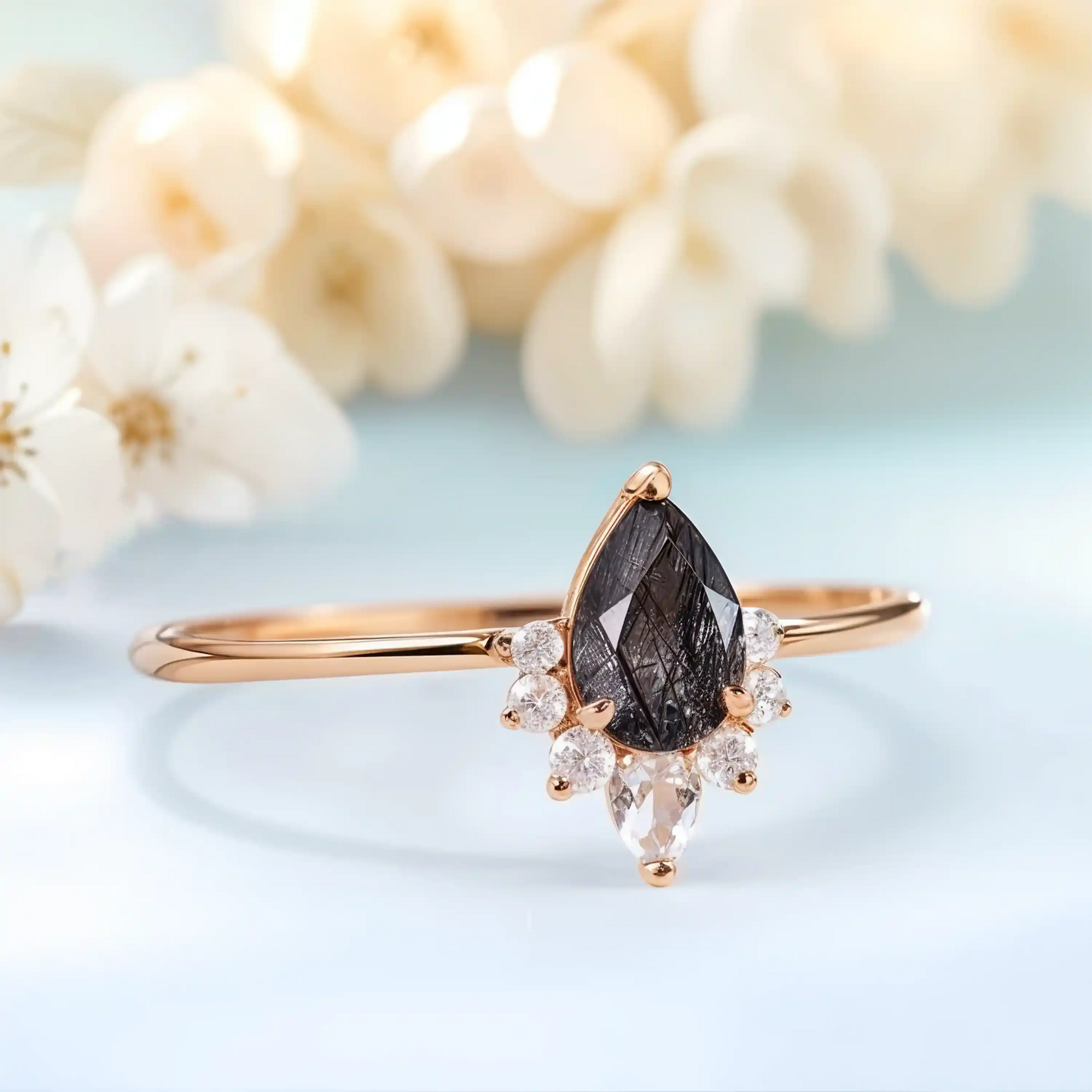 Black Rutilated Quartz & White Zircon engagement ring