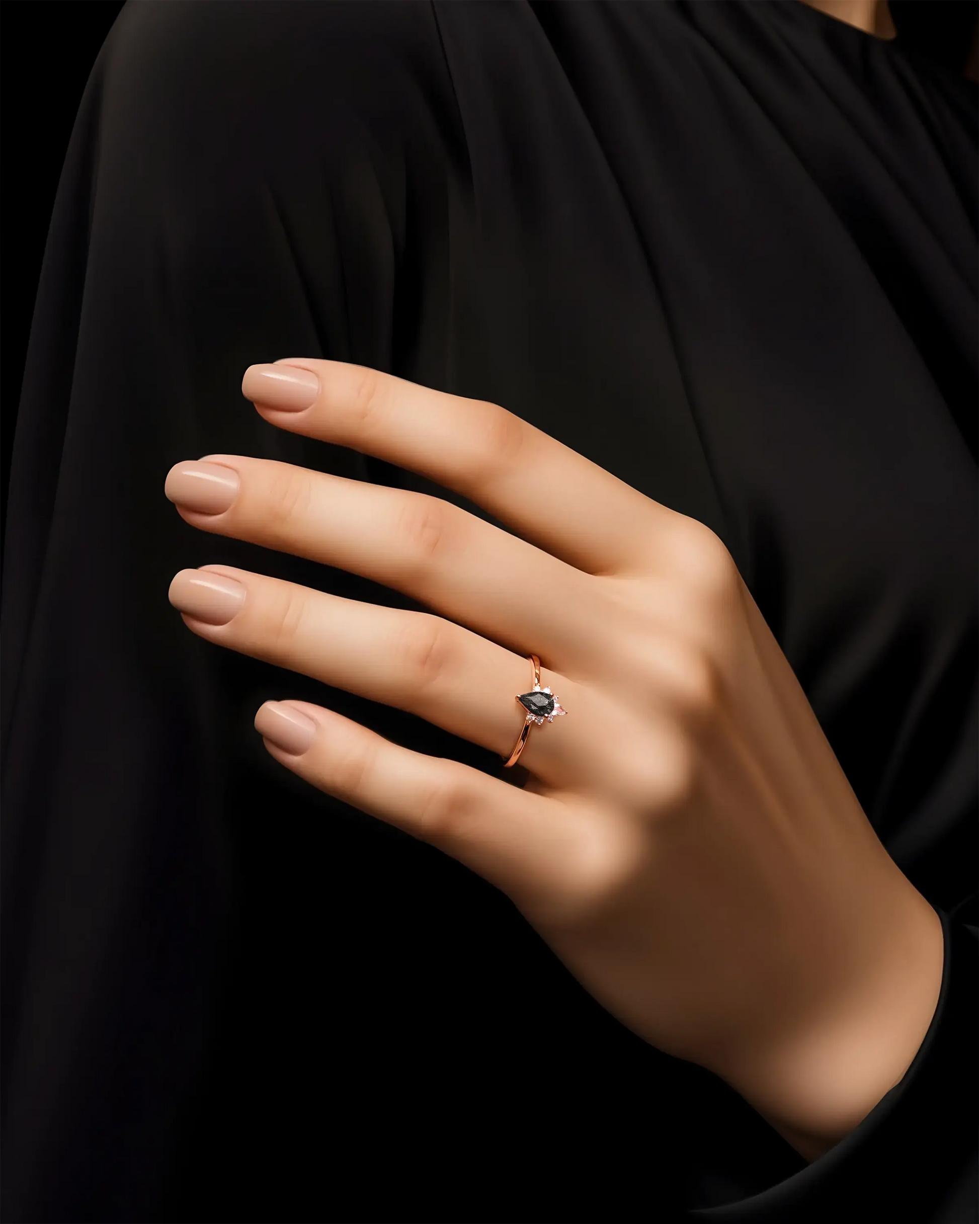 Black Rutilated Quartz & White Zircon ring on a woman hand