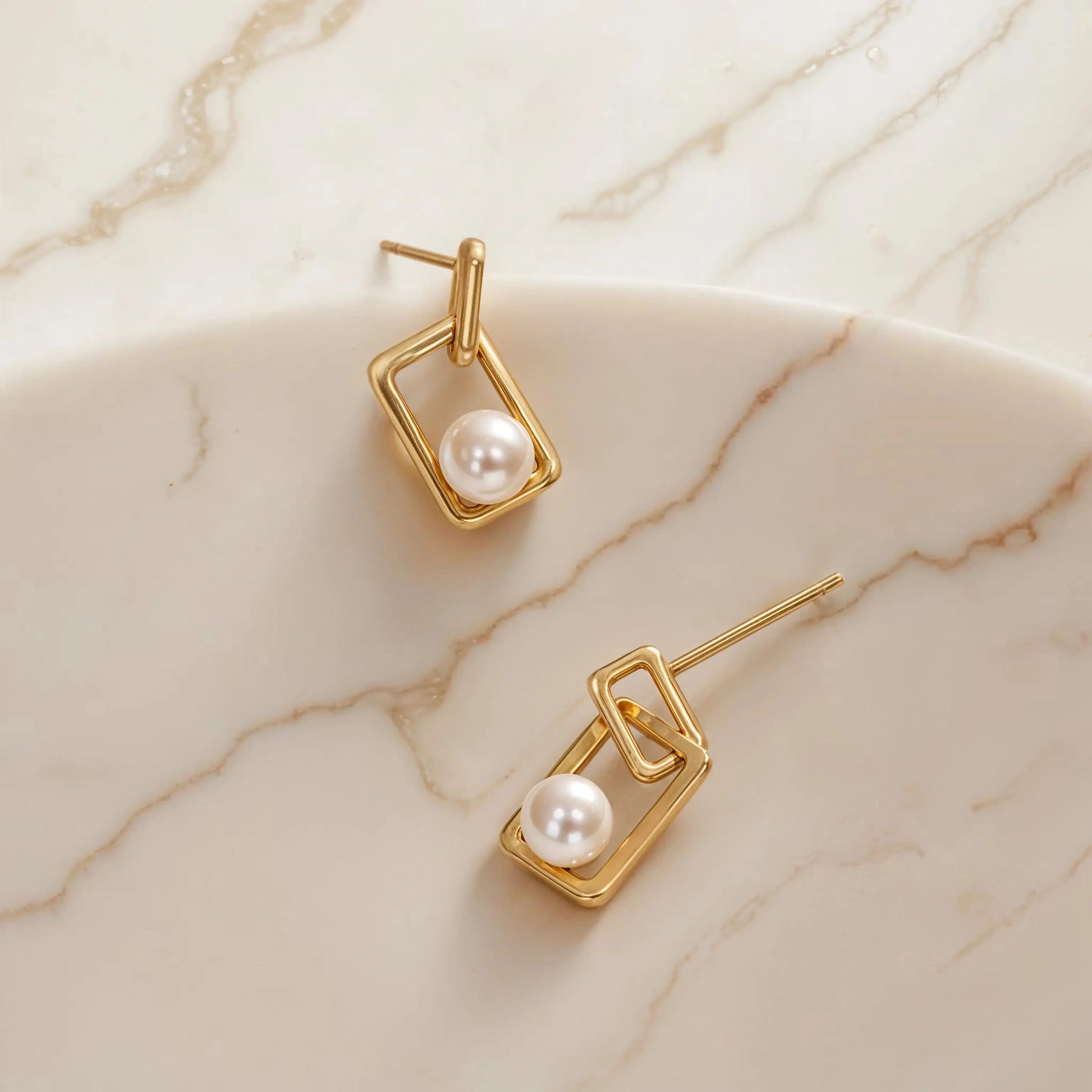 Geometric Pearl drop earrings  18K-Yellow-Gold Earrings Starry Cradles 79.00