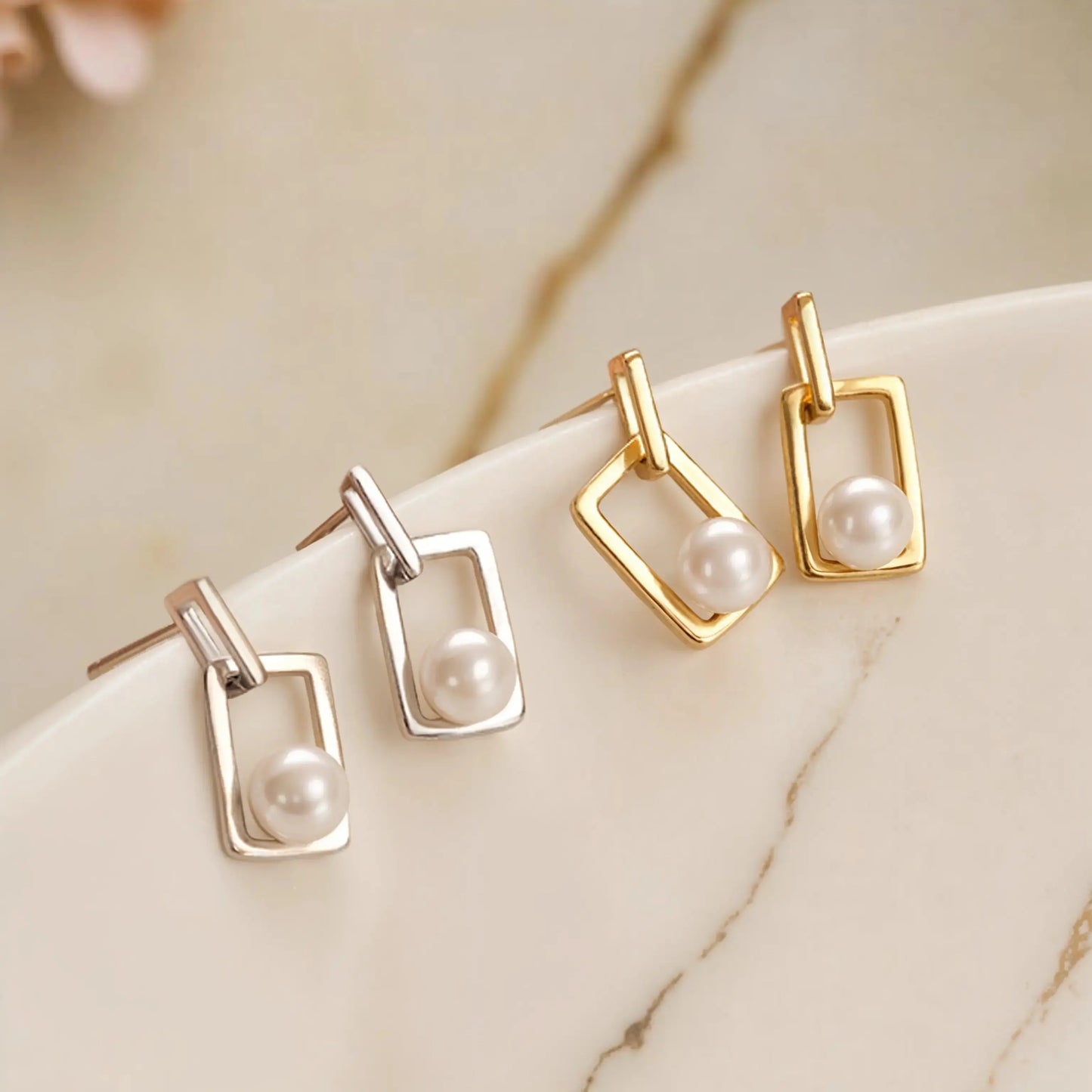 Geometric Pearl drop earrings 18K-White-Gold Earrings Starry Cradles 79.00