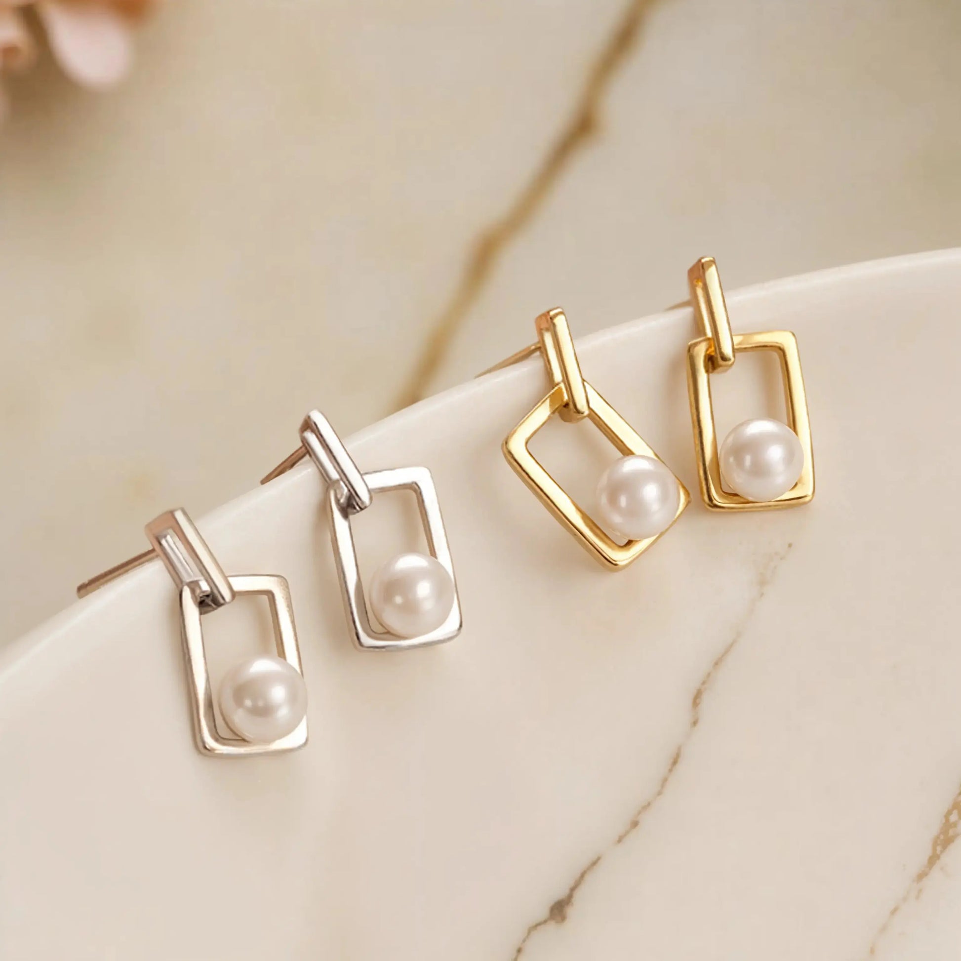 Geometric Pearl drop earrings  18K-White-Gold Earrings Starry Cradles 79.00