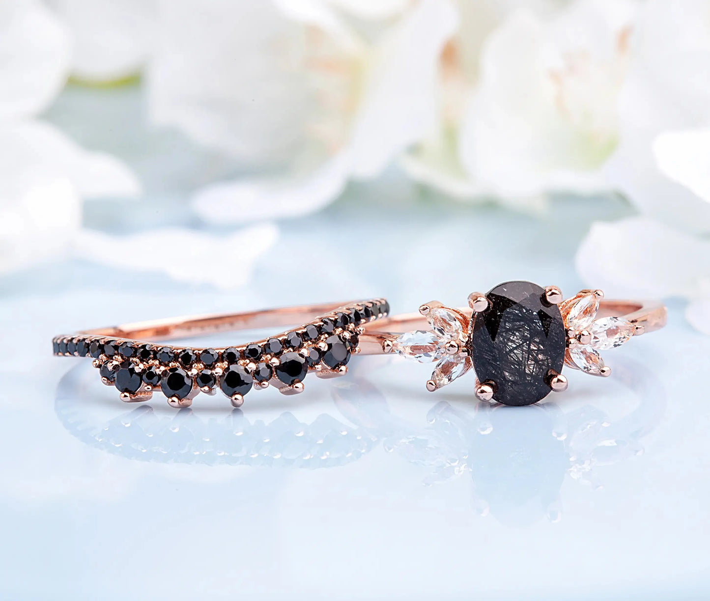 Engagement ring set with 2 ring. First with black spinels and second with black quartz and white zircon
