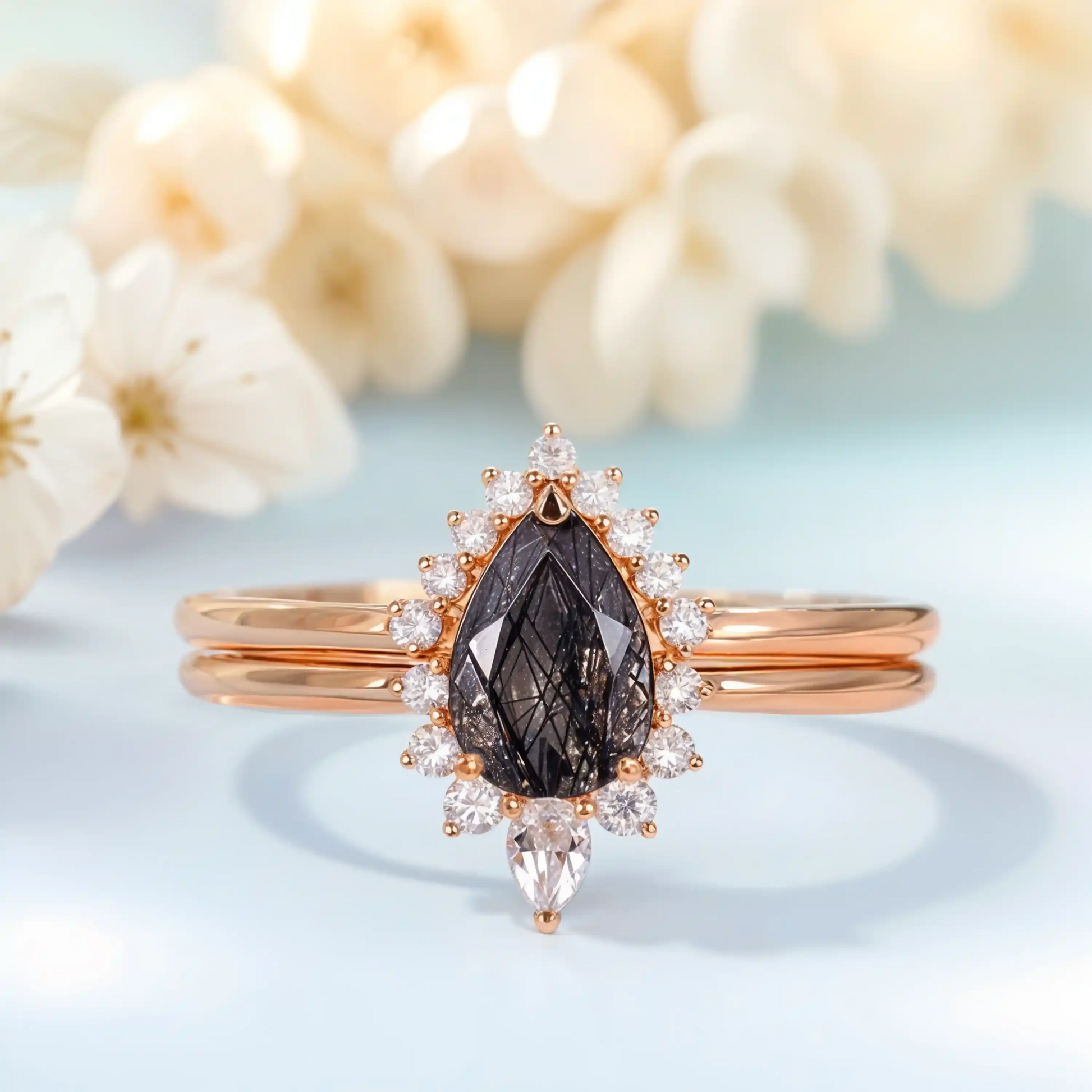 Wedding Ring Set with Black Quartz