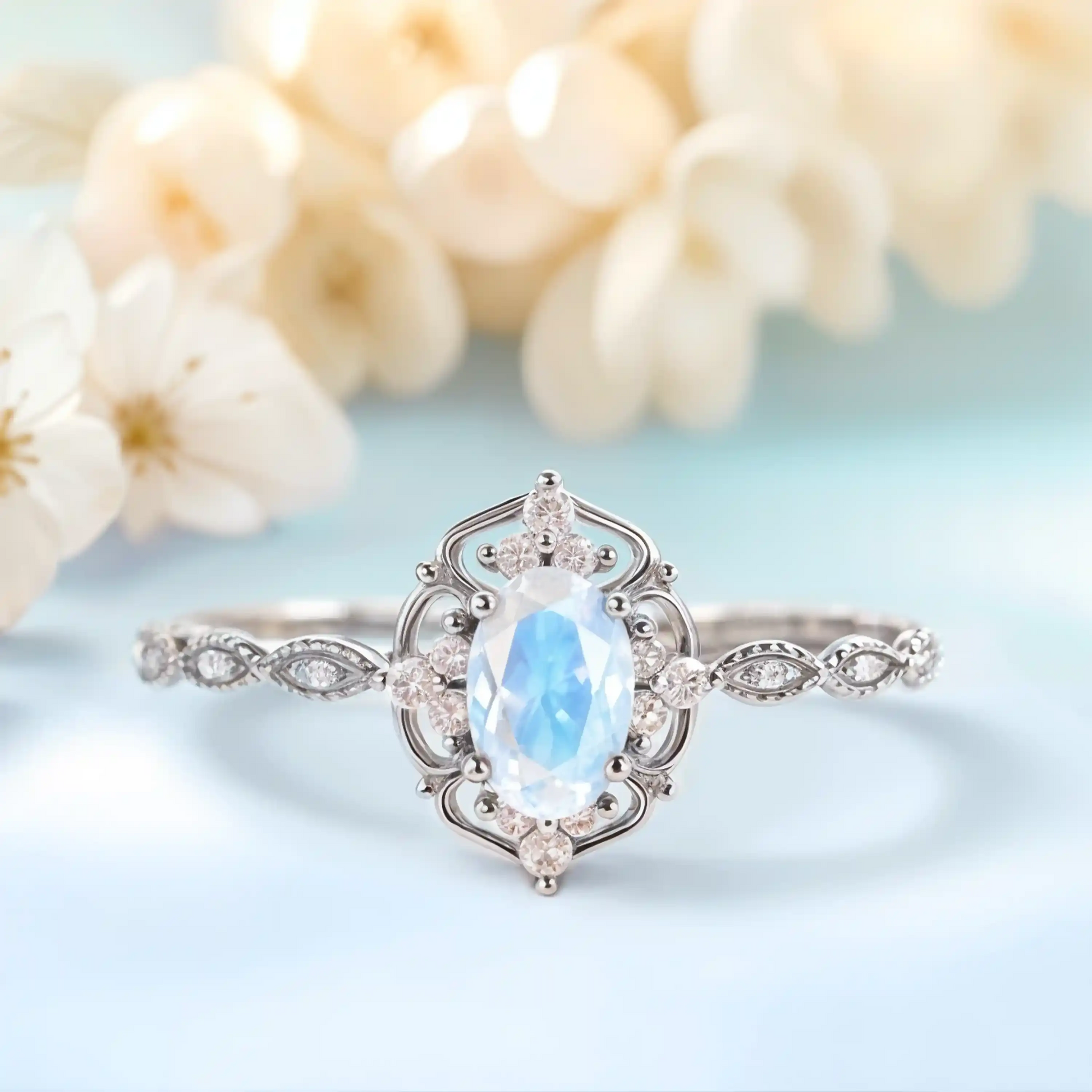 Moonstone Ring featuring a white gold color crafted for June birthstone jewelry lovers or as a wedding ring.