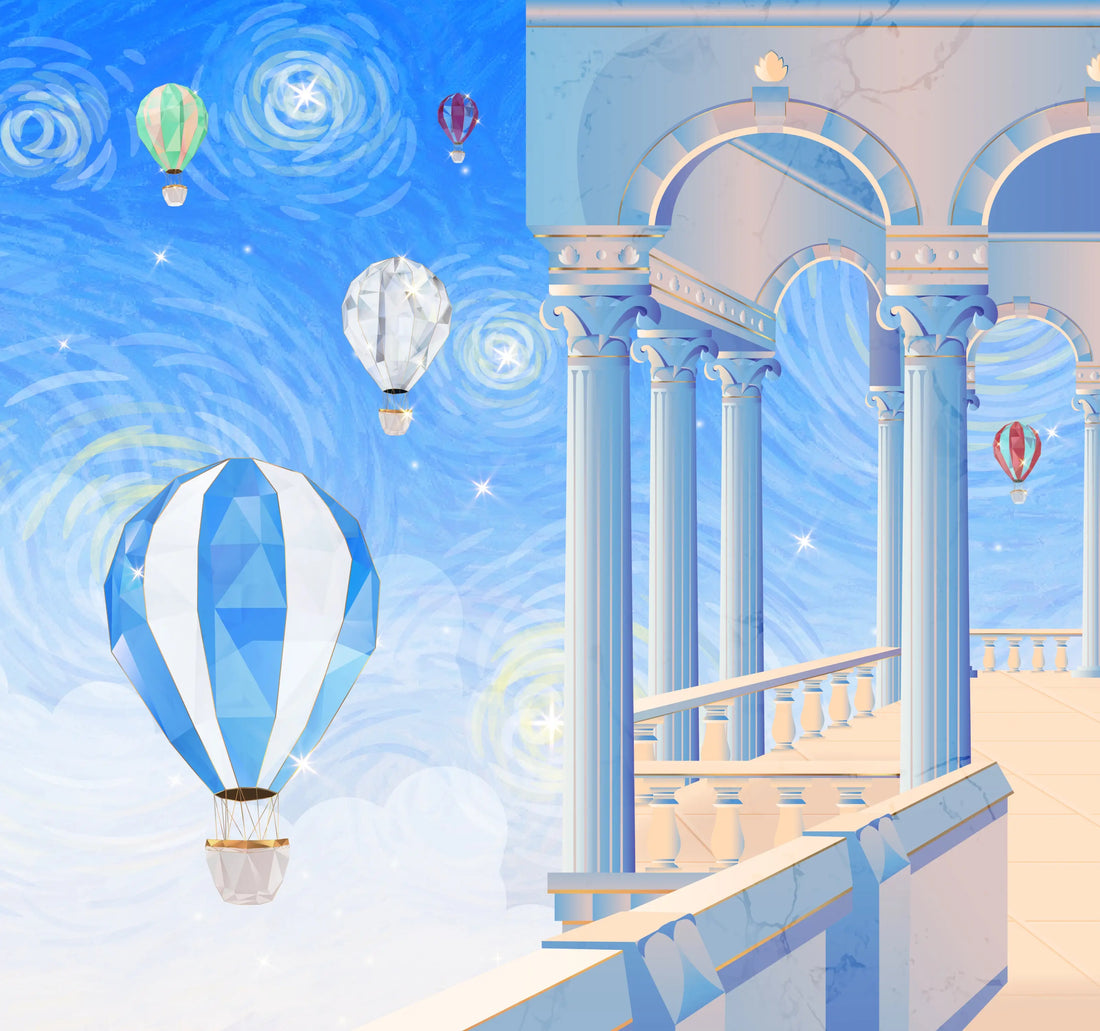 Balcony with a flying diamond air ballons