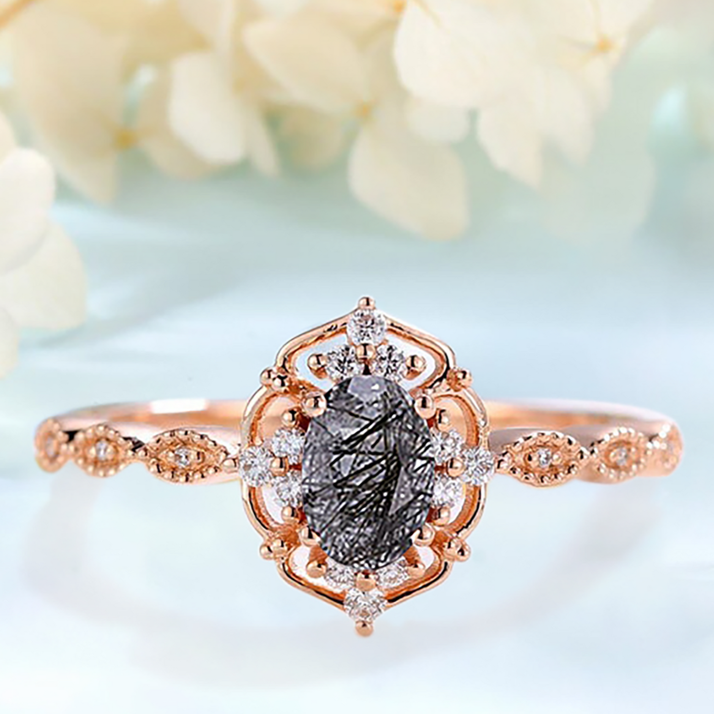 Black Rutilated Quartz & White Zircon ring