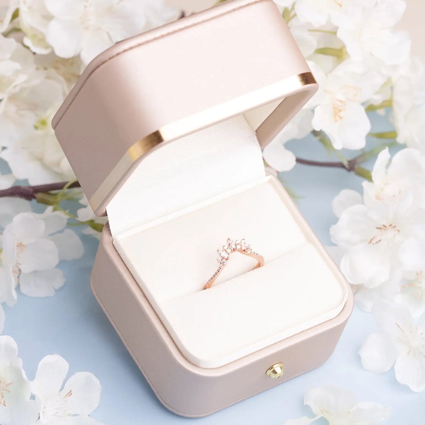 unique Moissanite band with a white zircon in a gift box