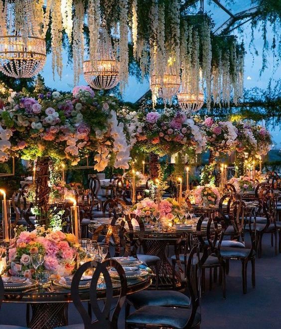 Tables with flowers composition on a wedding ceremony