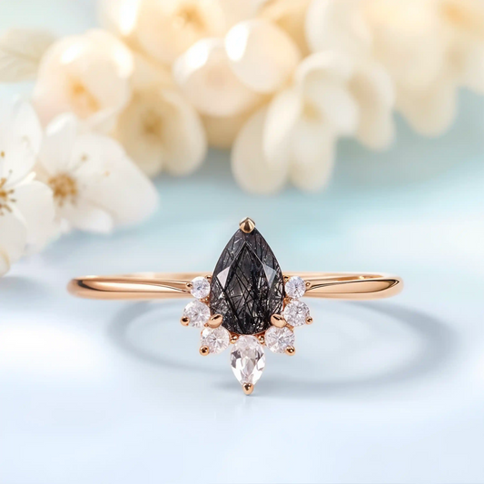 Black Rutilated Quartz & White Zircon wedding ring