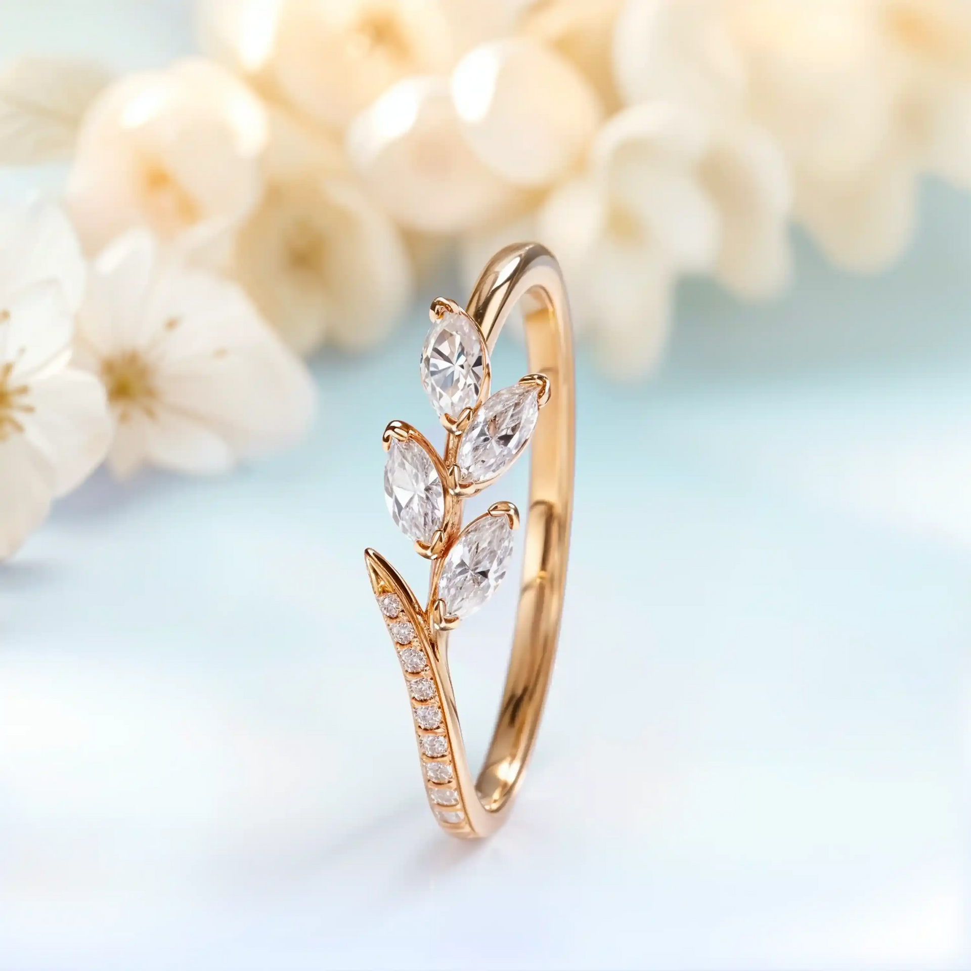 Moissanite Leaf Ring | Rose gold wedding band | Handmade woman's