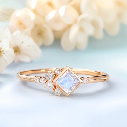 Engagement ring with a Moonstone and white Zircon