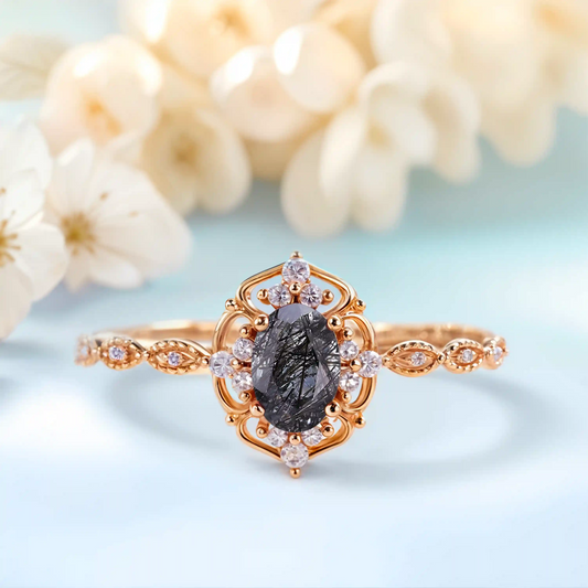 Black Rutilated Quartz & White Zircon engagement ring plated with yellow gold