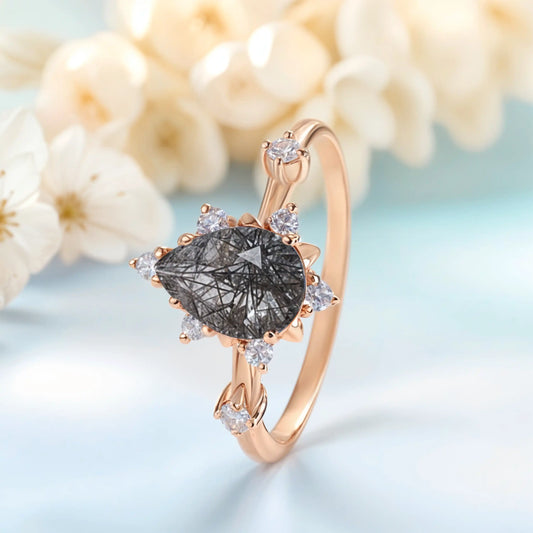 Black Rutilated Quartz & White Zircon ring