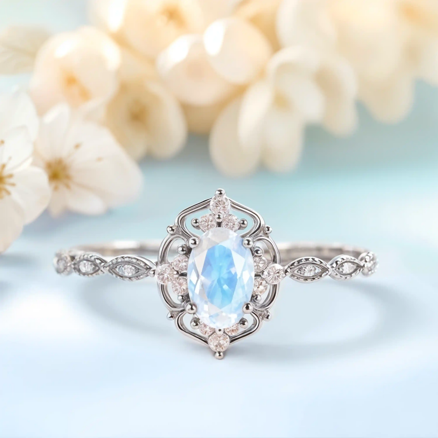 Moonstone & White Zircon wedding ring plated with white gold