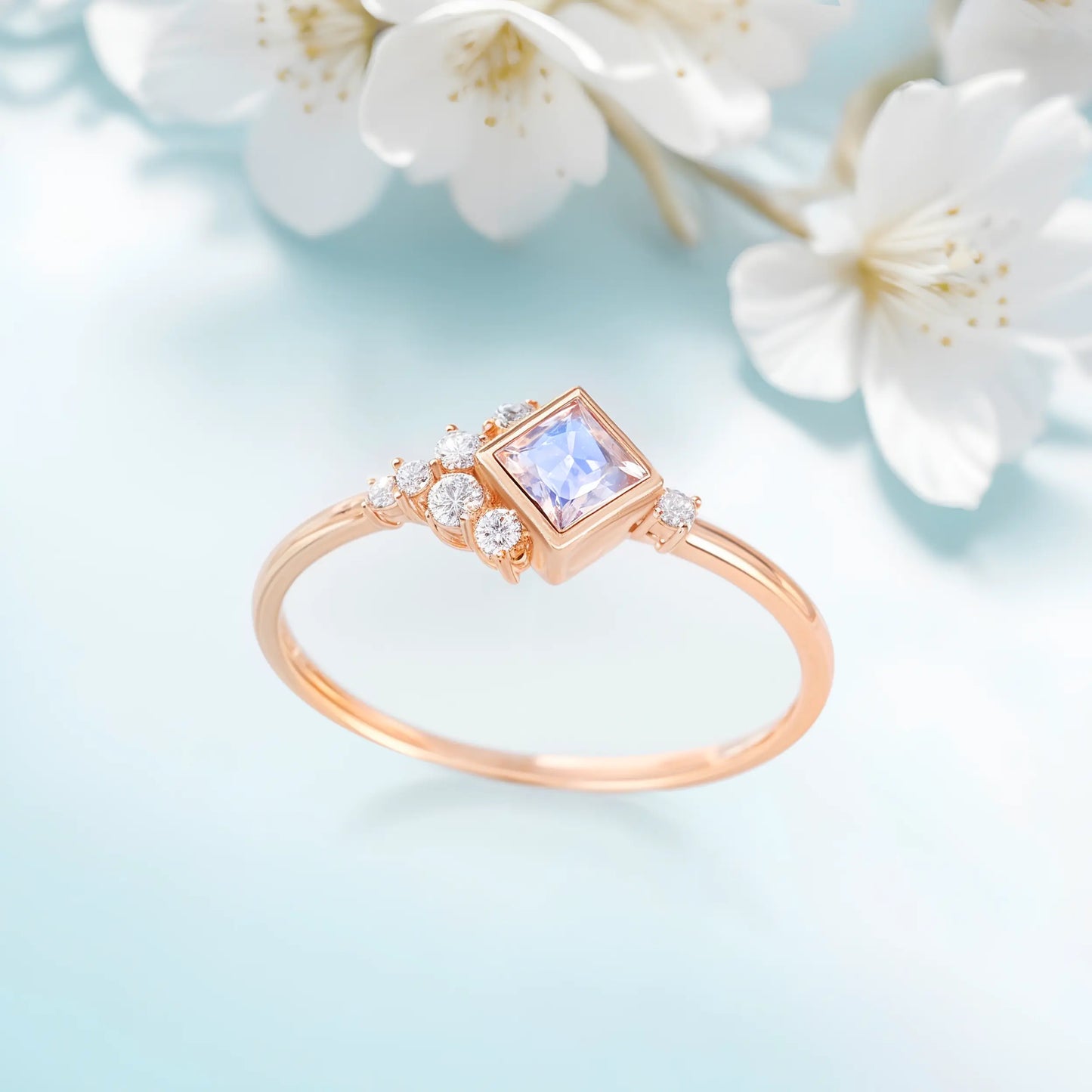 Engagement ring with a Moonstone and white Zircon on a table with flowers