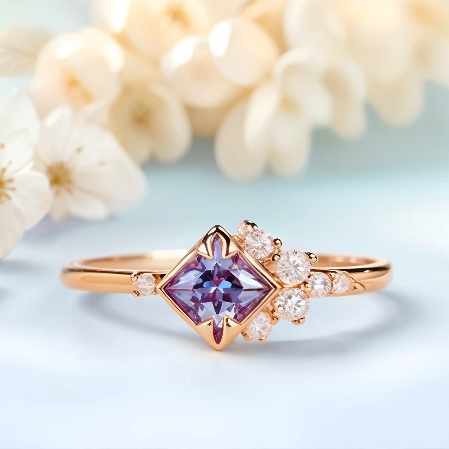 Zircon ring with a violet alexandrite stone