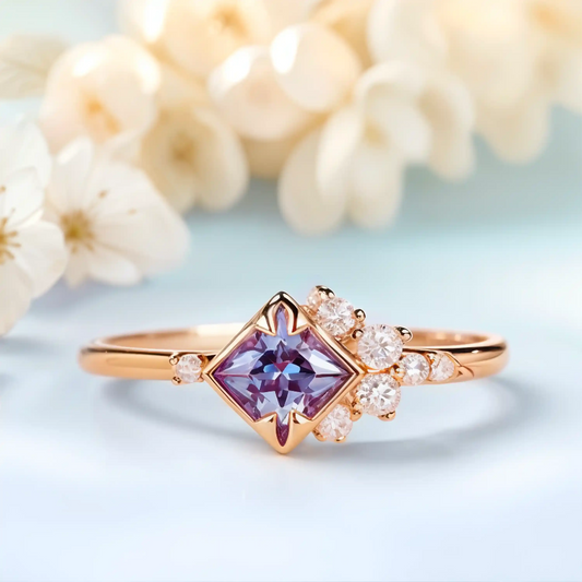 Zircon ring with a violet alexandrite stone