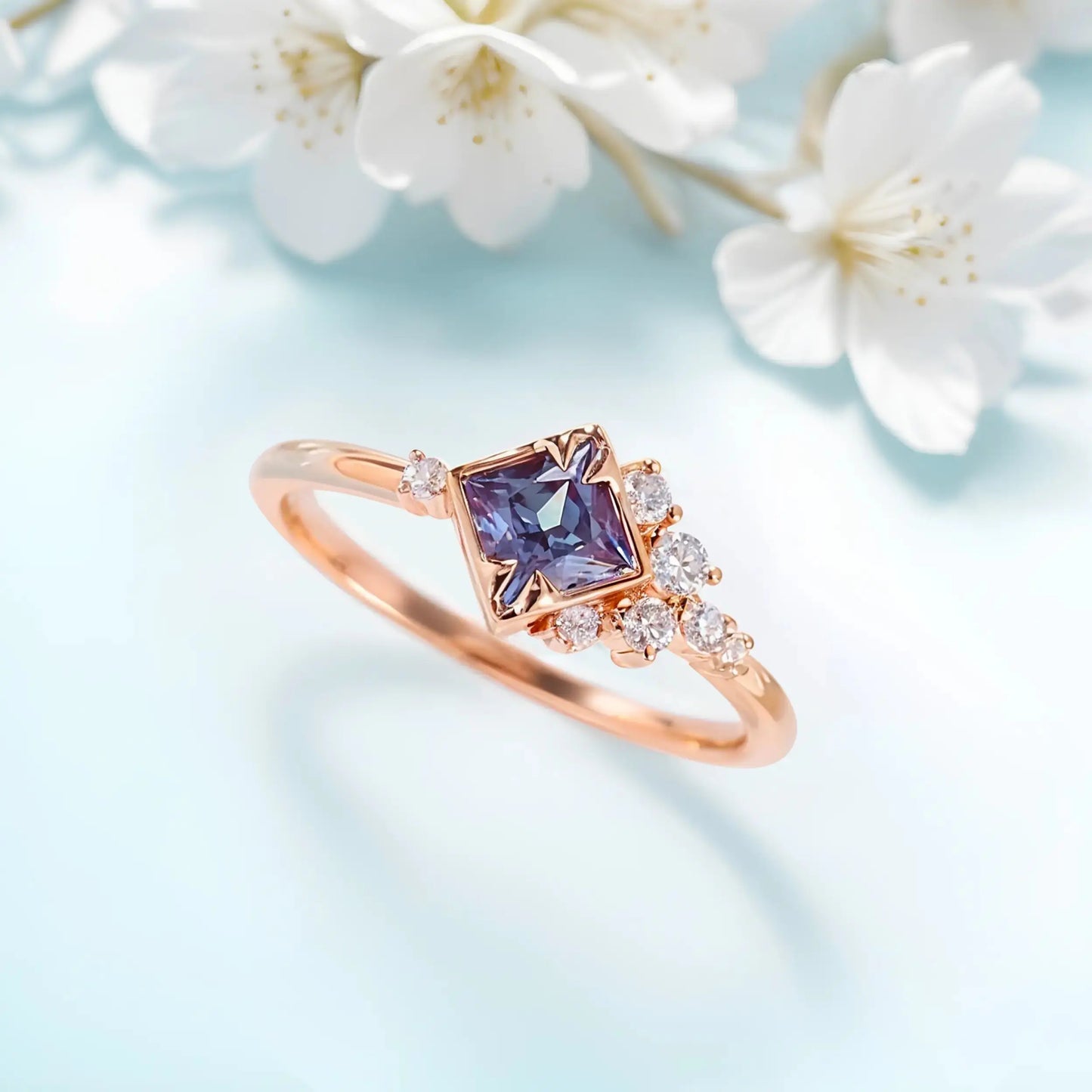 Zircon ring with a violet alexandrite stone with flowers on a background