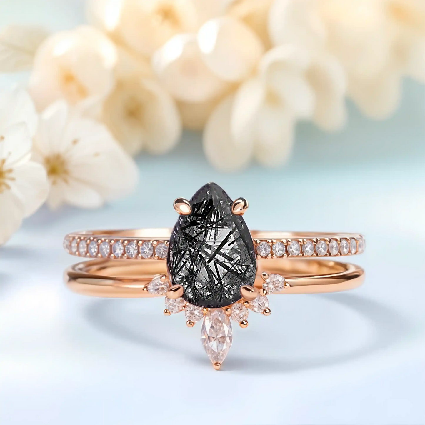 Black Rutilated Quartz, White Topaz and White Zircon rings set