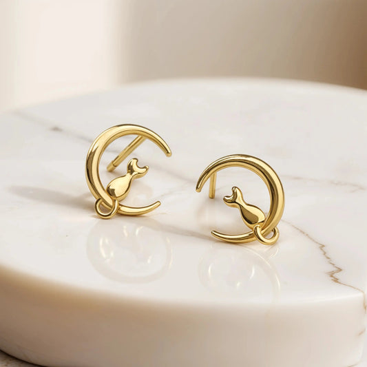 Cat & Moon stud earrings  18K-Yellow-Gold Earrings Starry Cradles 61.00