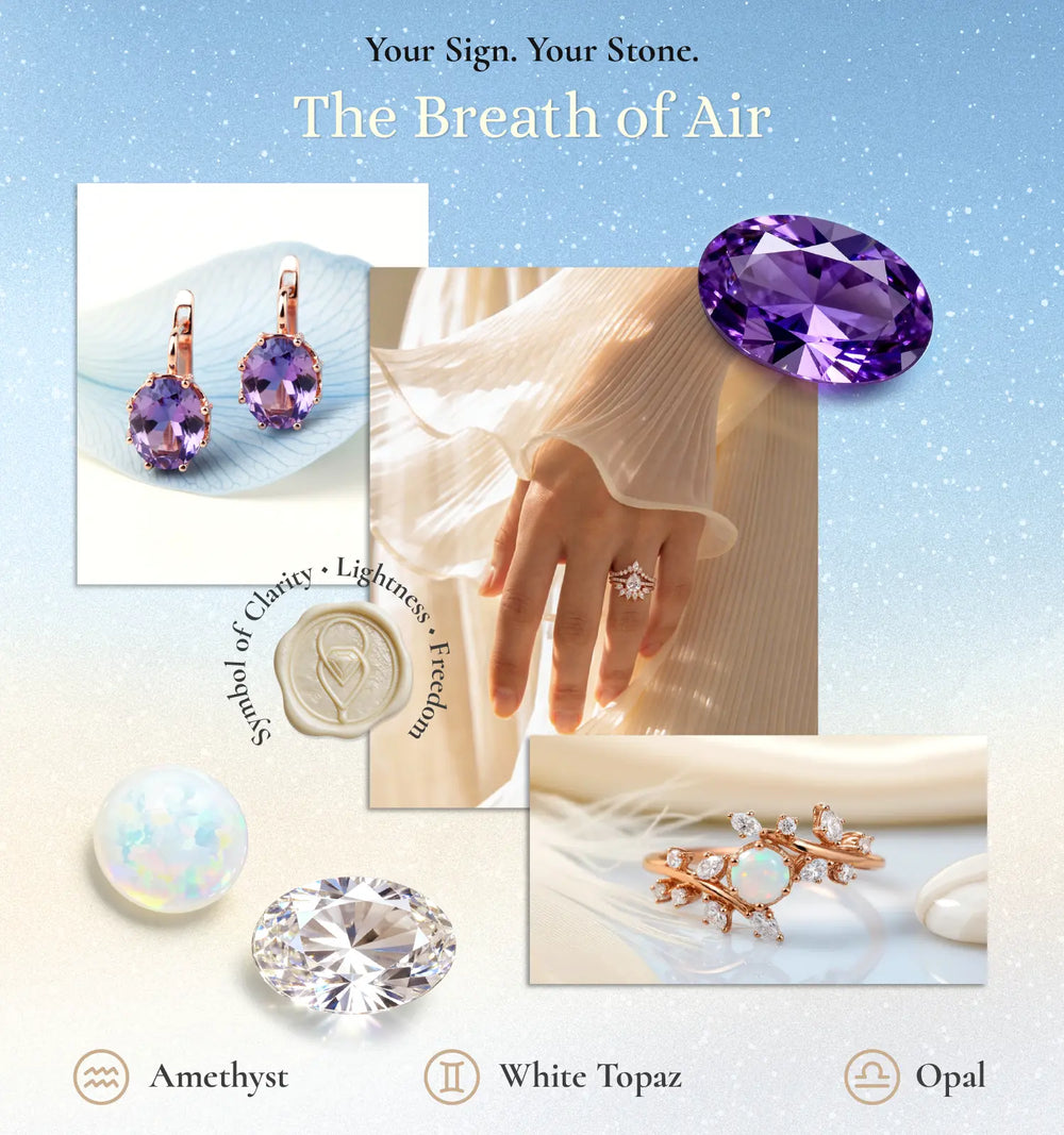 Jewelry set with amethyst, white topaz, and opal stones on a light blue background.