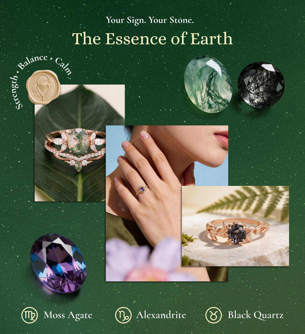 Collage of gemstones and jewelry with text on a green background