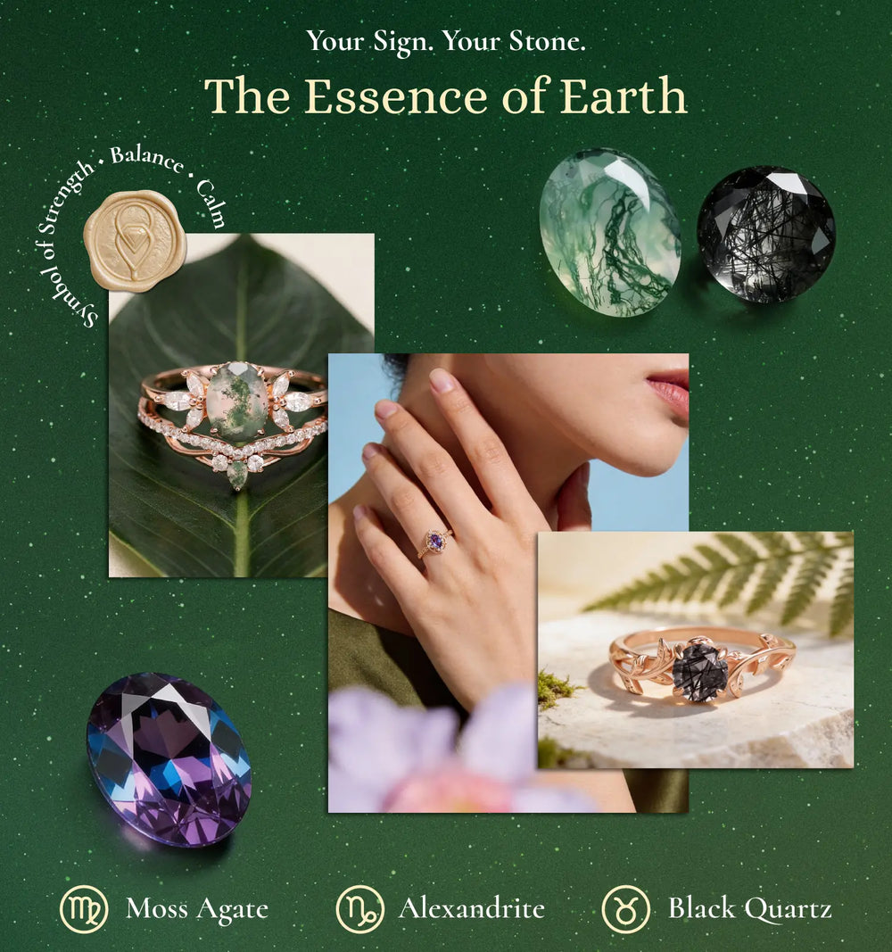Collage of gemstones and jewelry with text about 'The Essence of Earth' on a green background.