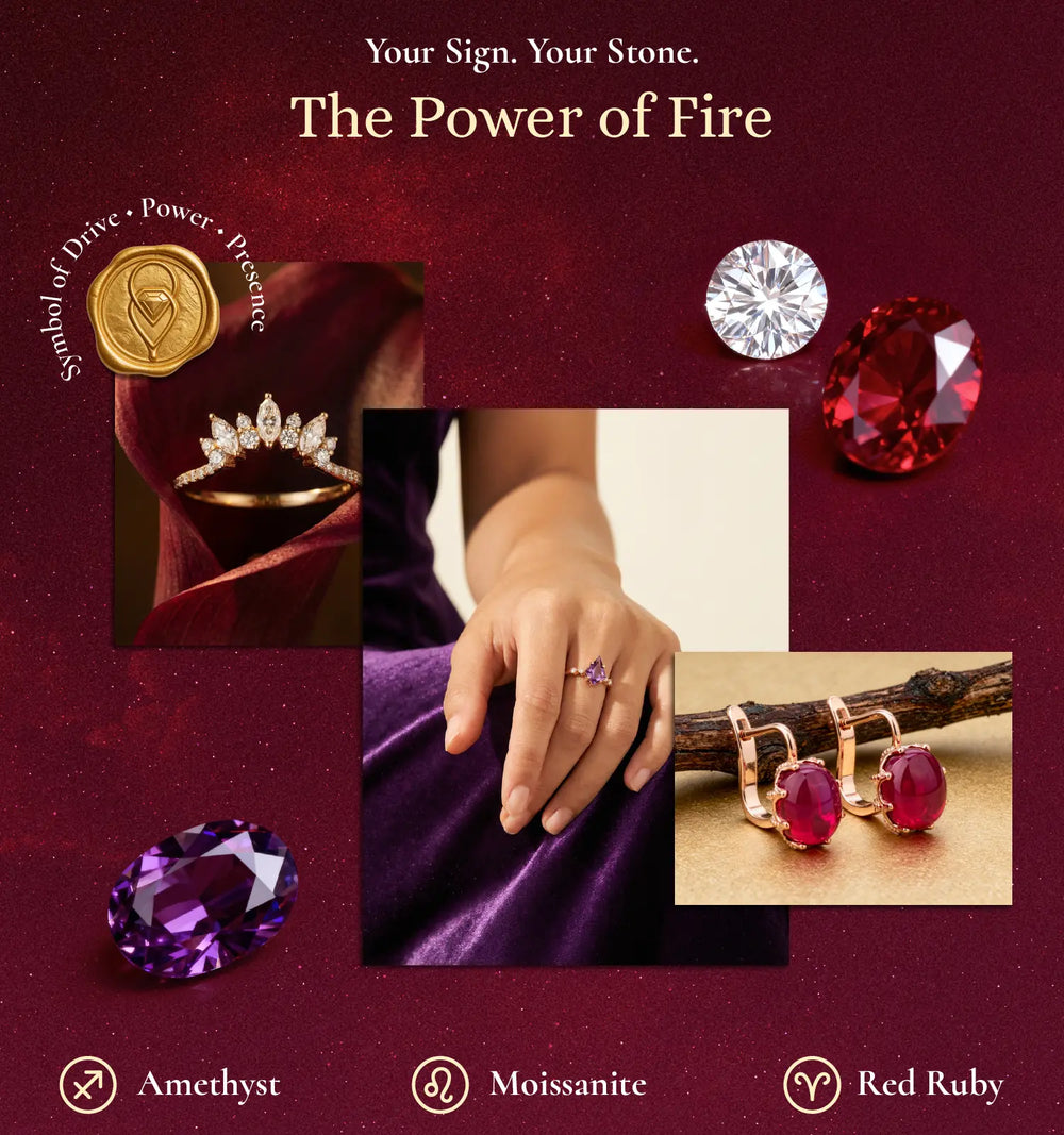 Collage of gemstone jewelry with text on a red background