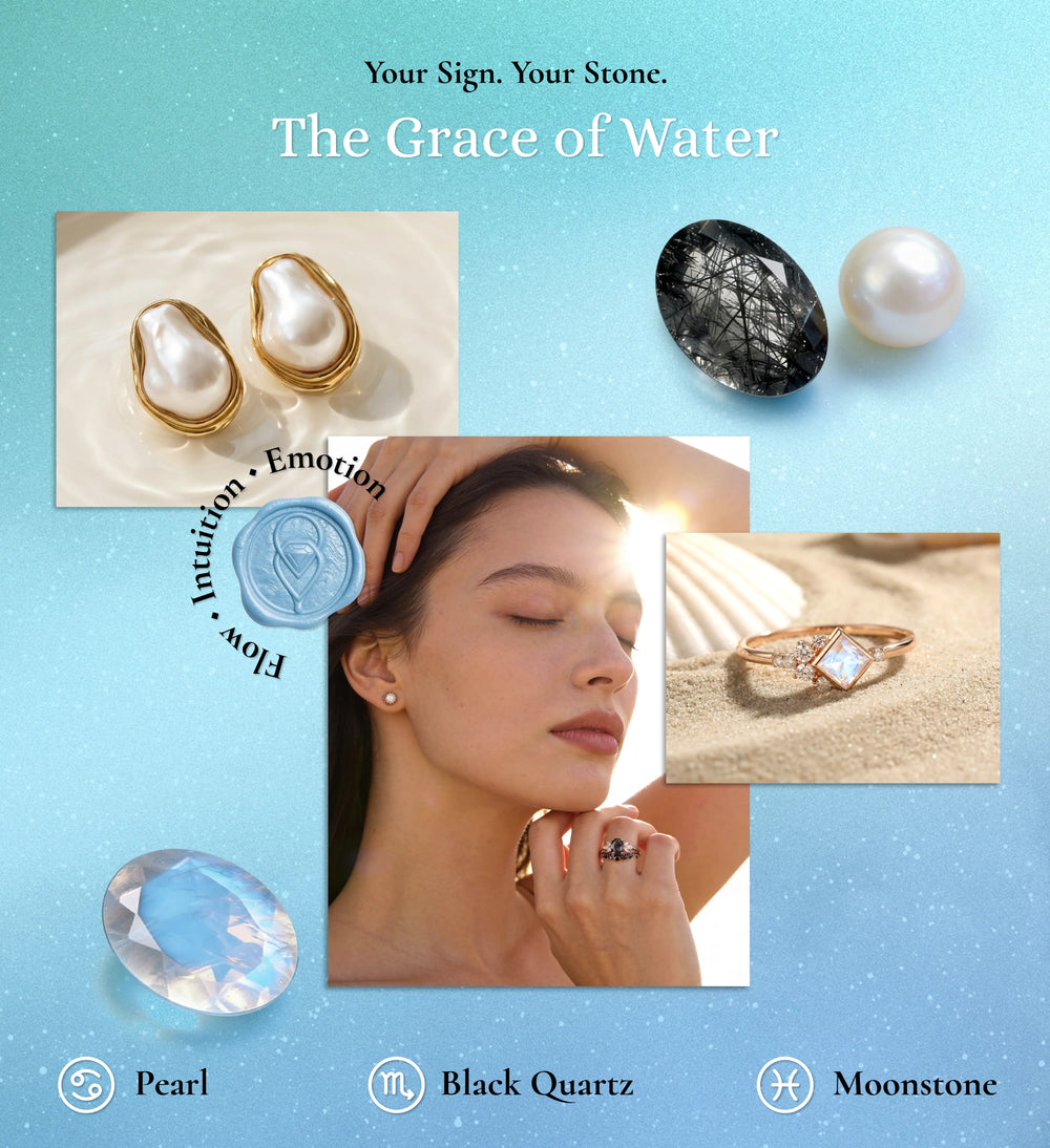 Jewelry collection with pearls, black quartz, and moonstone on a blue background.