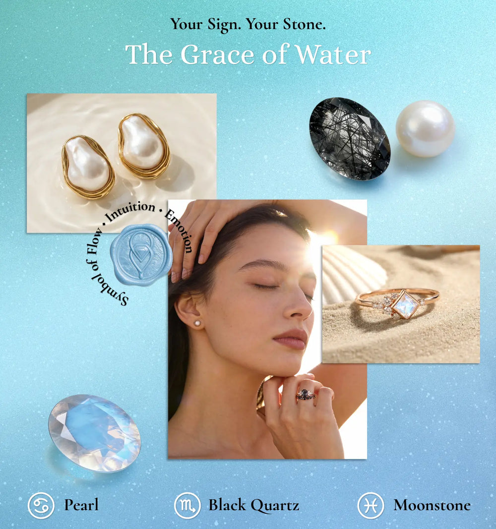 Jewelry collection with pearls, black quartz, and moonstone on a blue background.