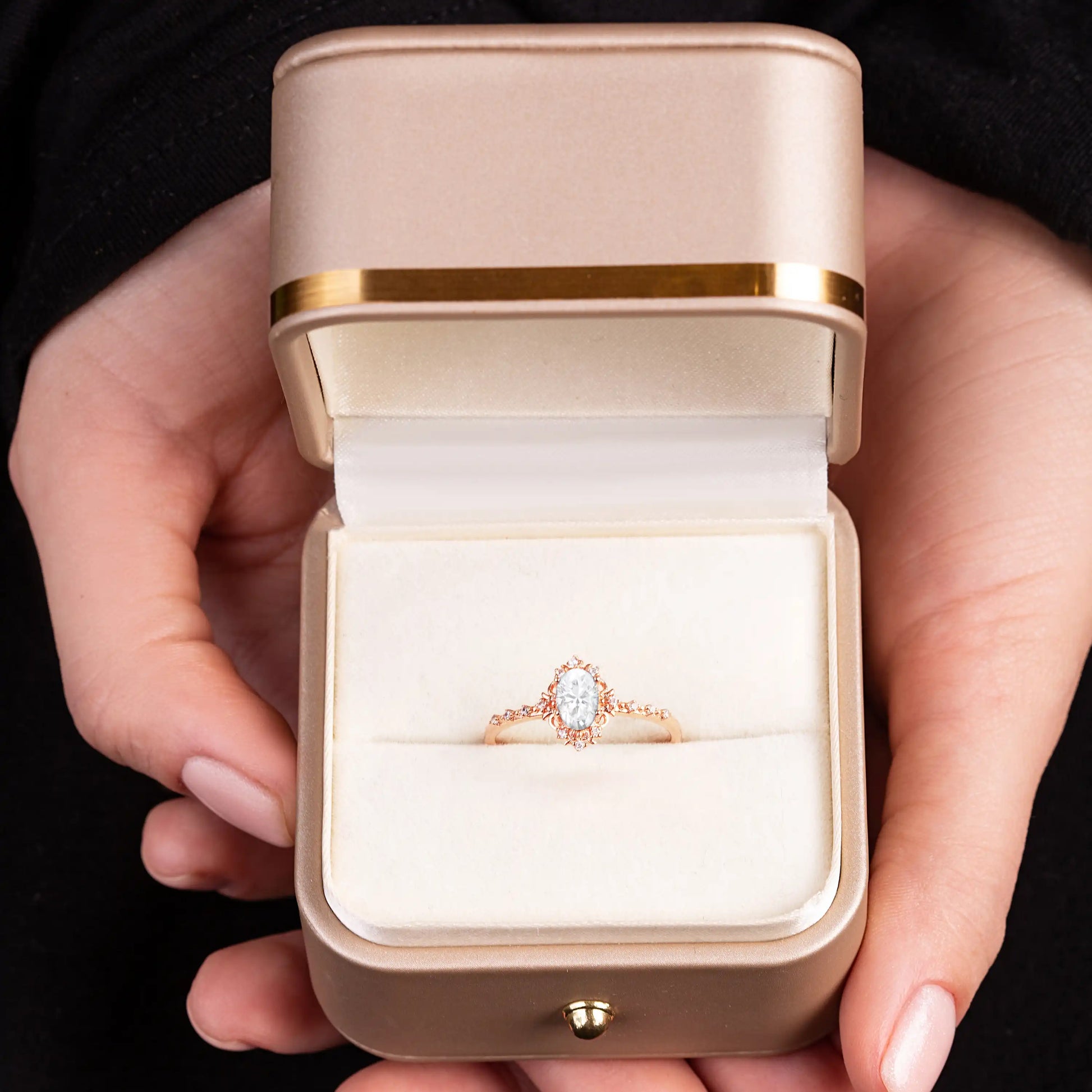 Vintage Moissanite ring set in a gold box