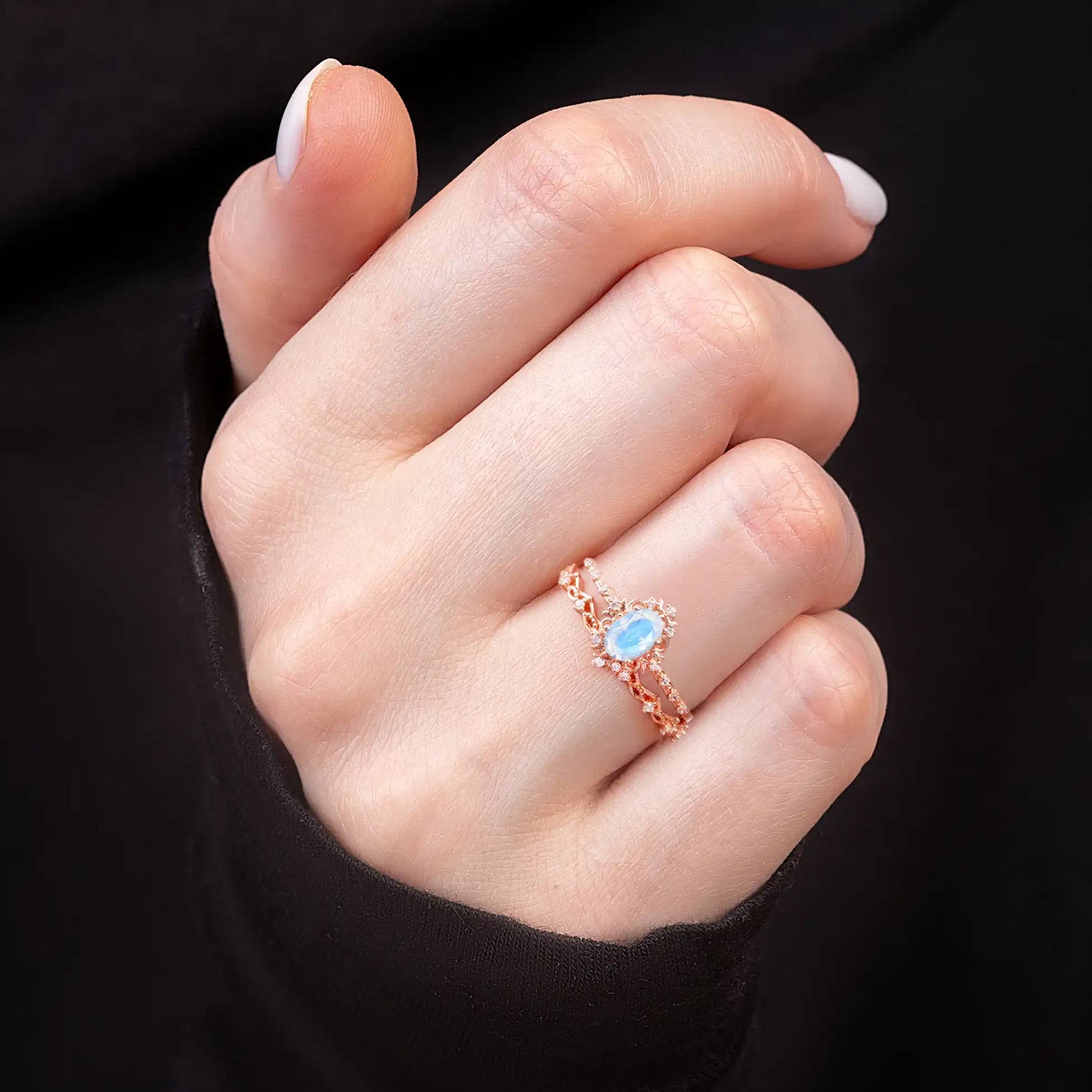 Vintage Moonstone ring set on a woman's hand
