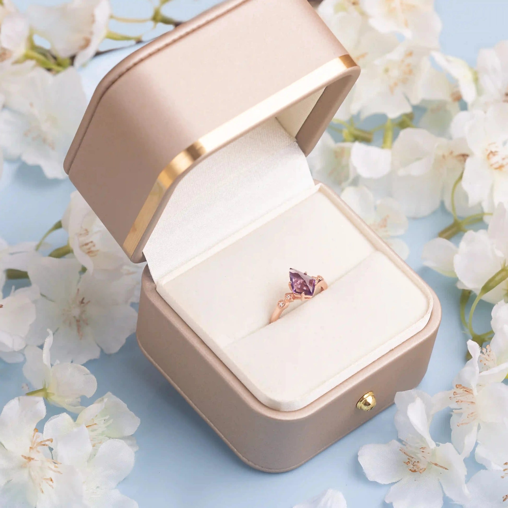 Amethyst &amp; White Zircon ring in a gold box