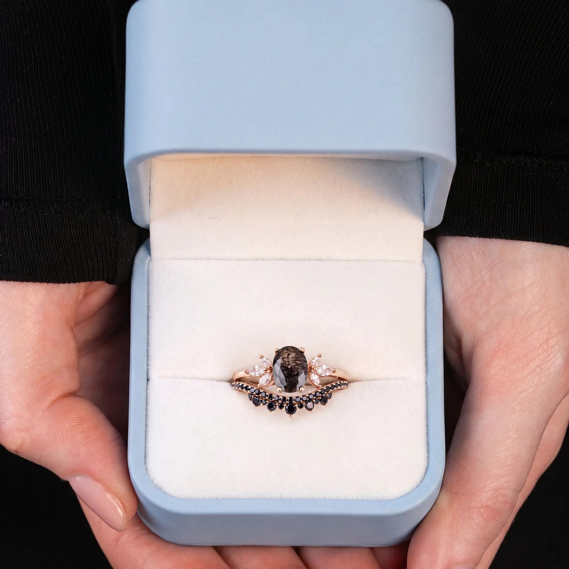 Unique Black Bridal Ring Set - Black Quartz Wedding & engagement