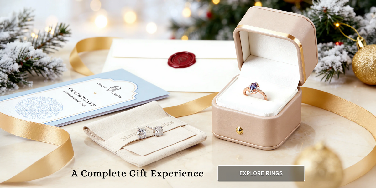 Ring in a box with a card and decorative items on a festive background