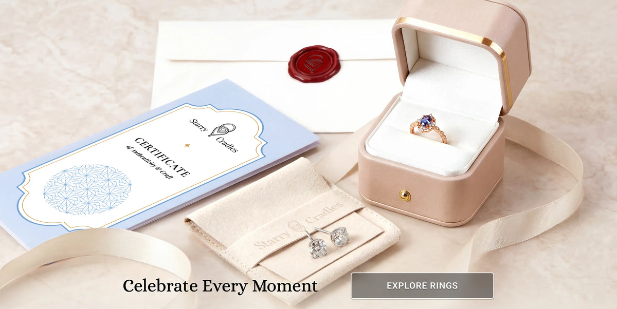 Ring in an open jewelry box with a certificate on a light background