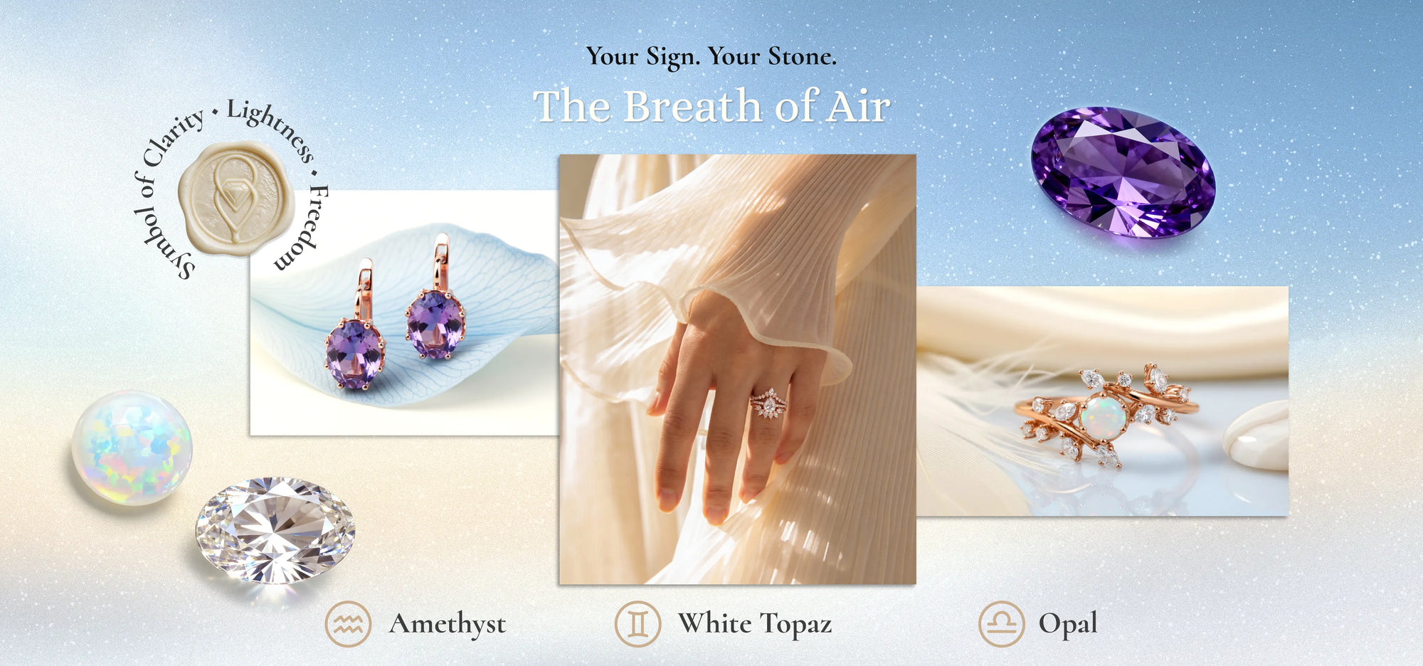 Jewelry set with amethyst, white topaz, and opal stones on a light blue background.