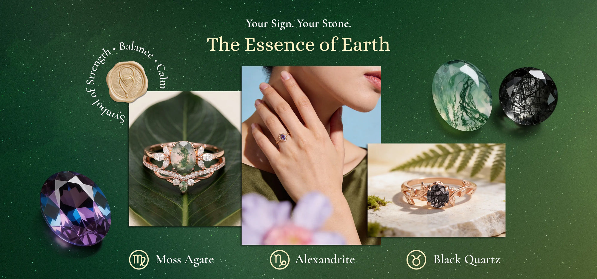 Jewelry advertisement with gemstones and jewelry on a green background
