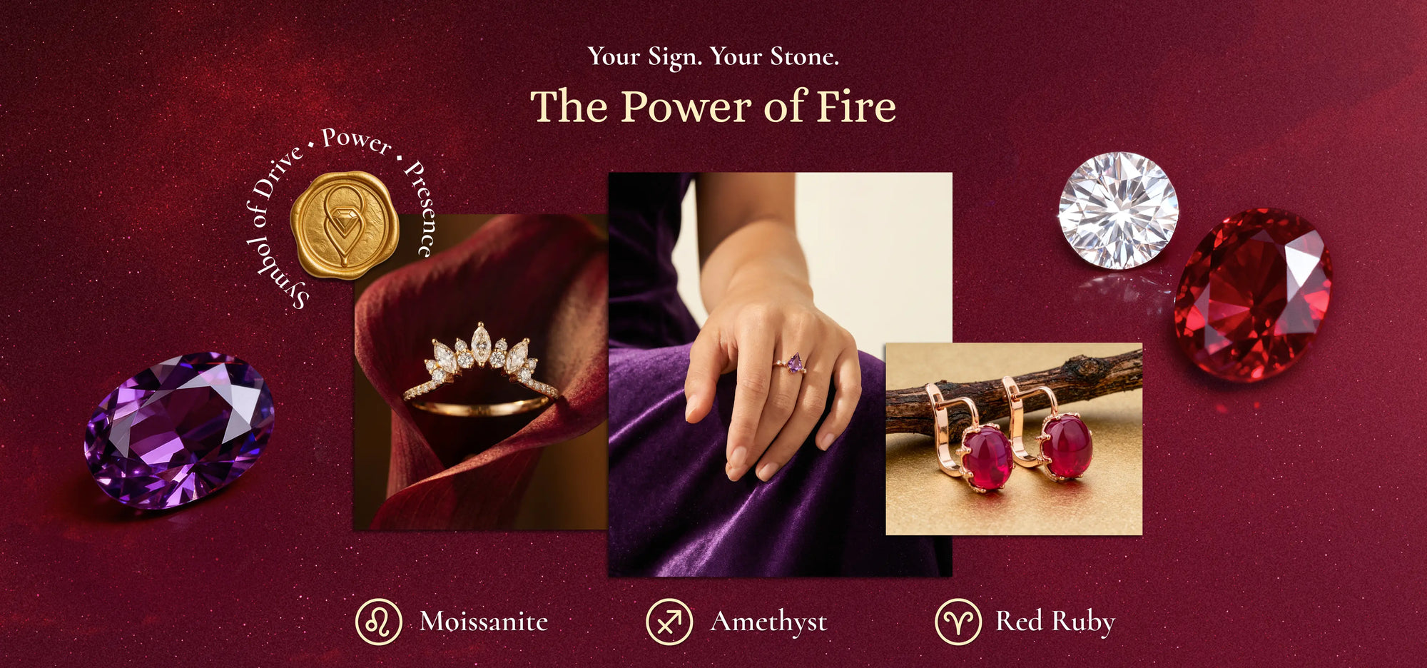 Advertisement for gemstones with images of a gold ring, purple stone, amethyst, and red ruby on a red background.
