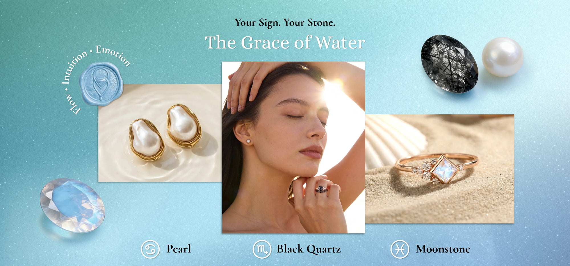 Jewelry advertisement with pearls, black quartz, and moonstone on a light blue background.
