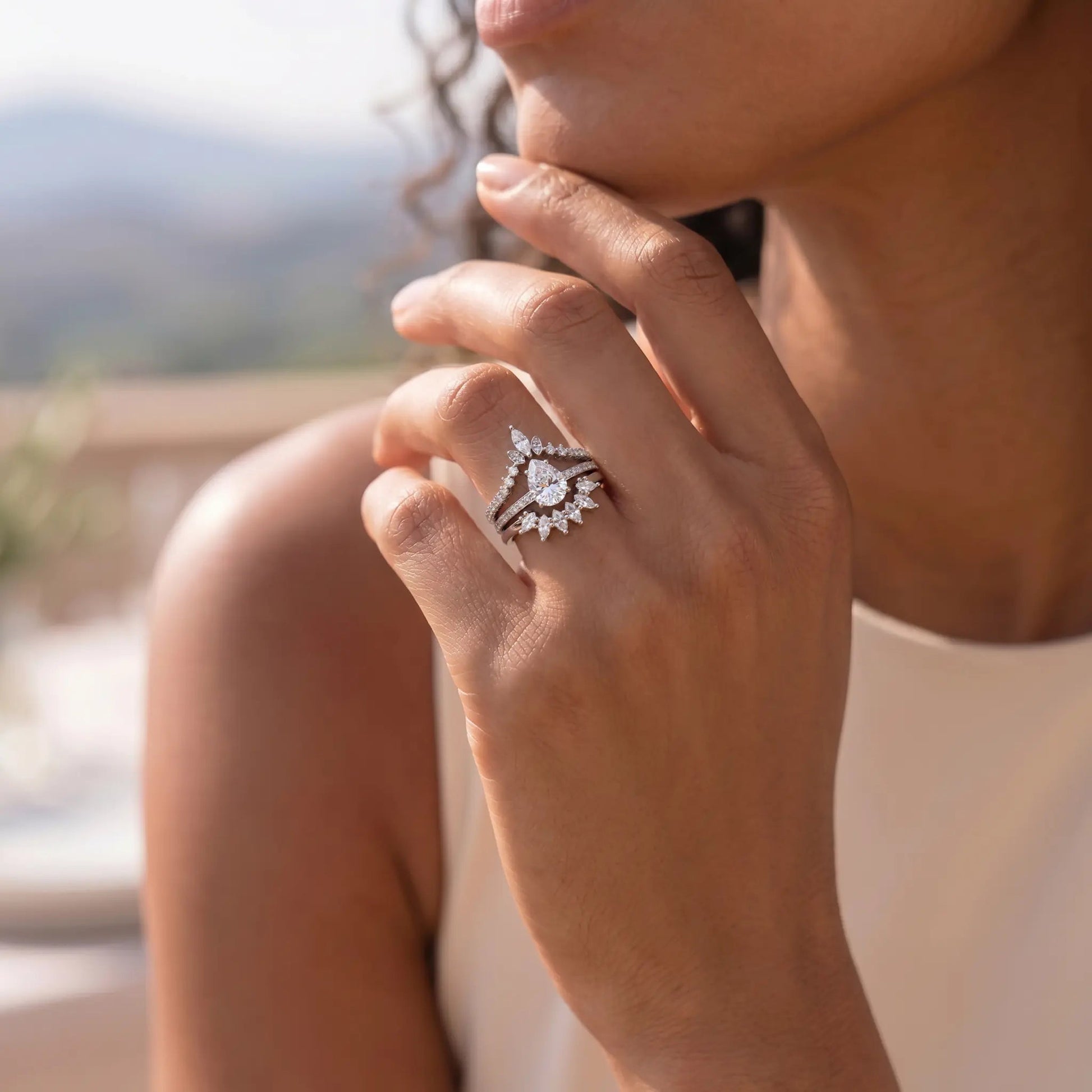White topaz ring set (Cassiopea) - Starry Cradles