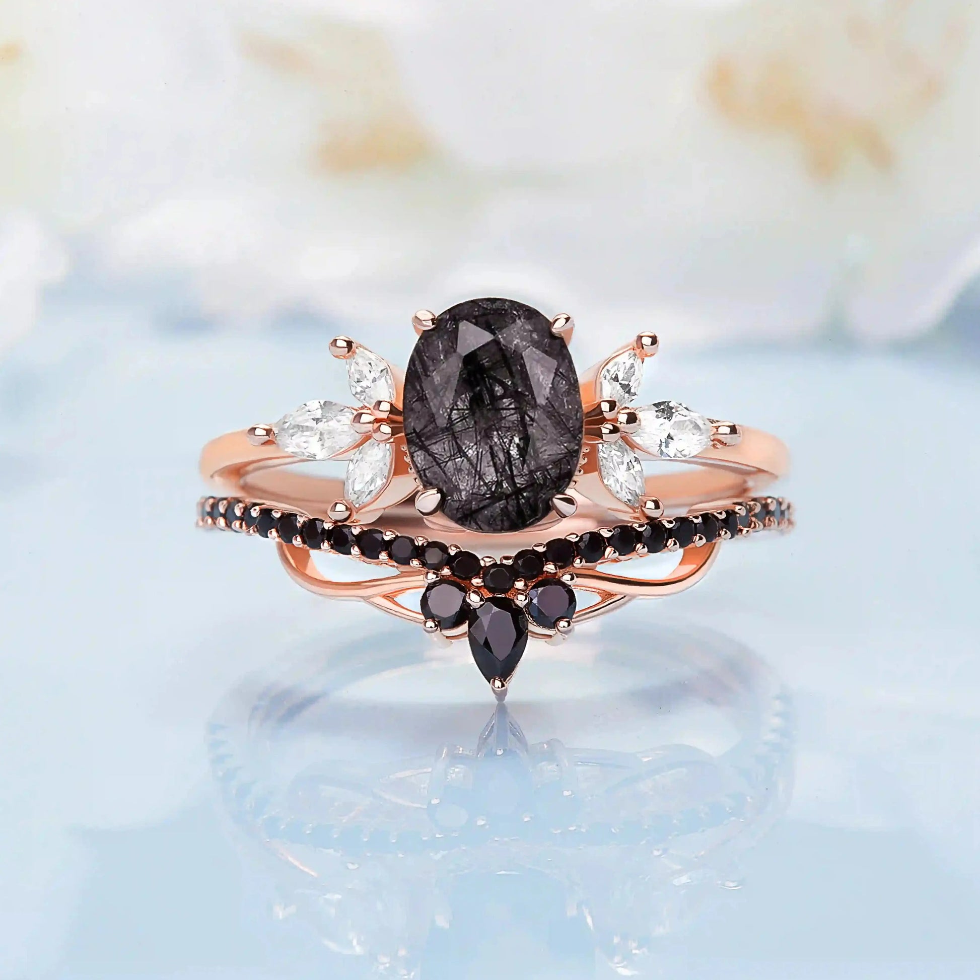 Black Quartz,&nbsp;White Topaz and Black Spinels ring set