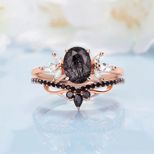 Black Quartz,&nbsp;White Topaz and Black Spinels ring set