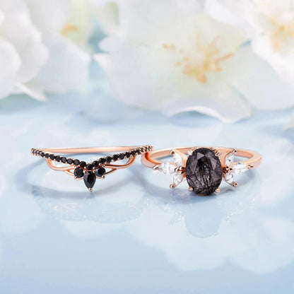 Black Quartz,&nbsp;White Topaz and Black Spinels ring set