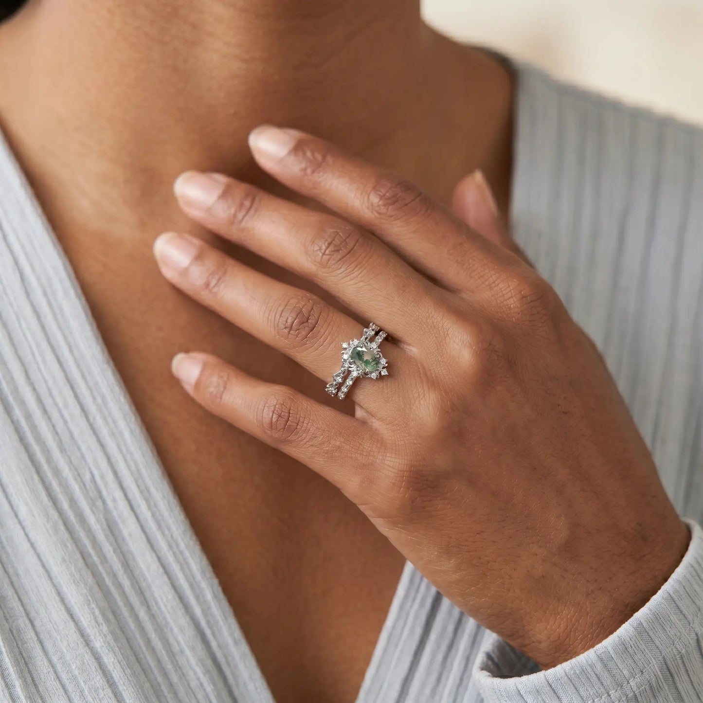 VIRELLE SET — Moss Agate & Moissanite   Rings Starry Cradles