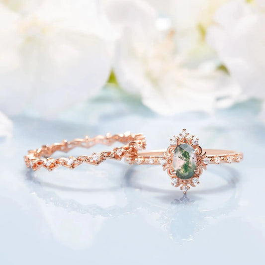 Vintage Moss Agate ring set