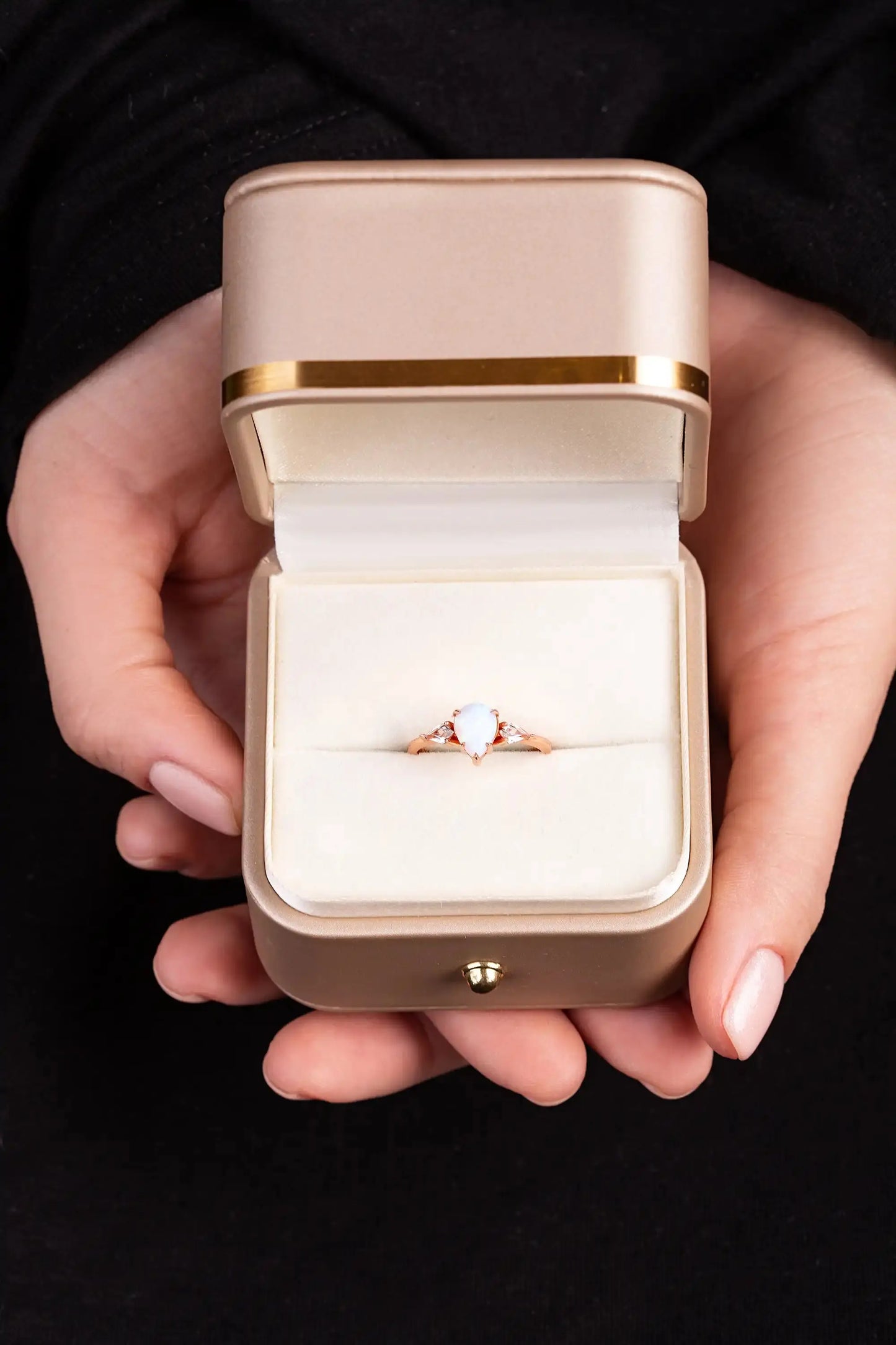 Ring for women with Opal and White Zircon gemstone. Ring is placed in a gift box